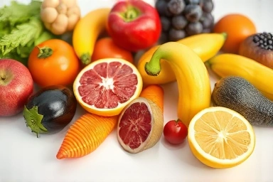 Artfully arranged fresh fruits and vegetables, highlighting natural colors and textures.